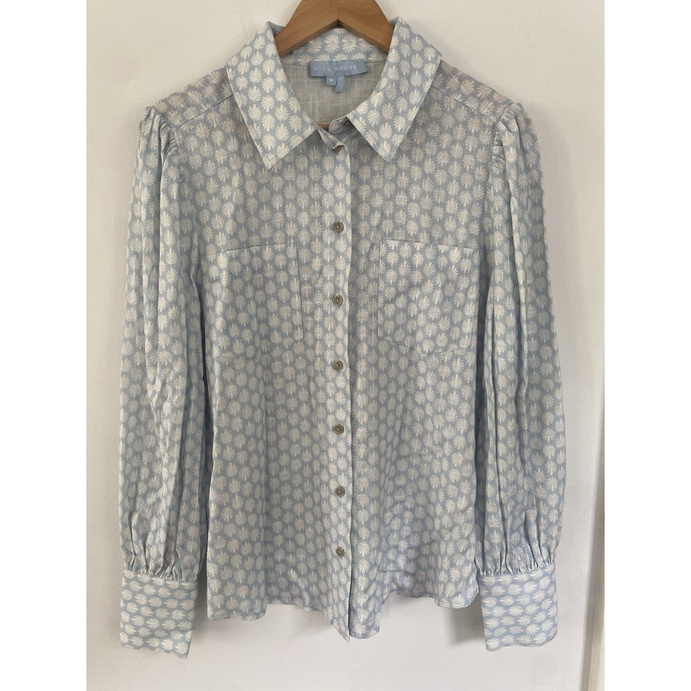 Hill House Dorothea Top Powder Blue Baroque Linen Blend Button Down Medium Shirt